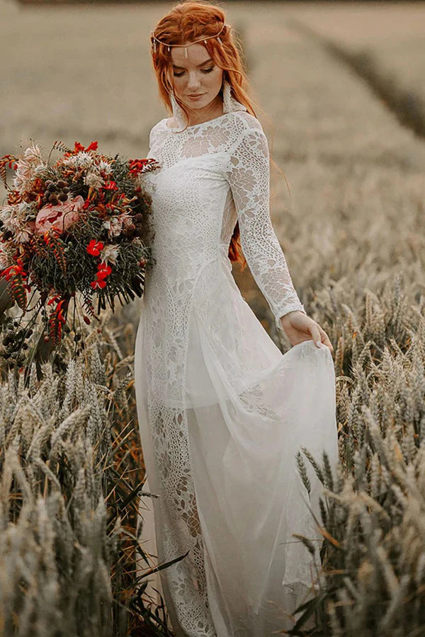 A-line Scoop Neck Backless Long Sleeves Beach Wedding Dresses
